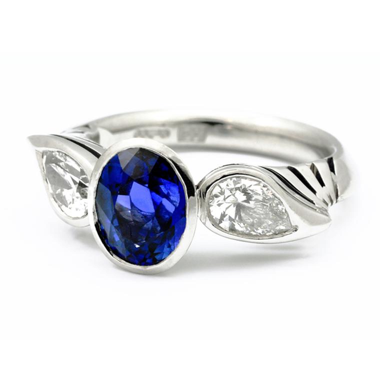 Andrew English brilliant-cut sapphire and pear-shaped diamond Prema ring.